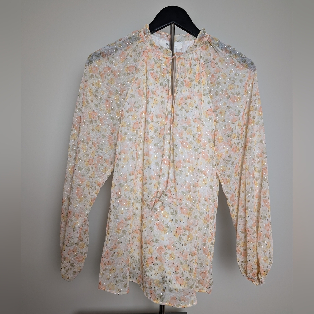 NWT Women's Long Sleeve Elegant Orange Floral Blouse with Silver Accents